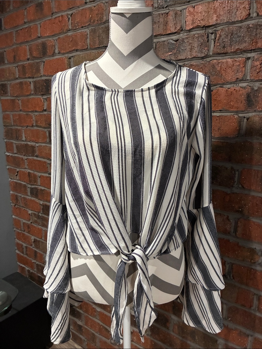 Altar'd State Navy & White Striped Tie-Front Long Sleeve Top. Size Small.